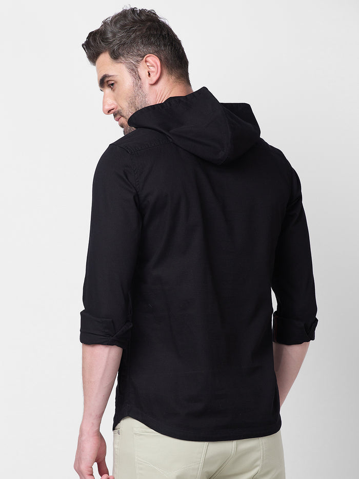 Full sleeves Slim Fit Black Kurta Placket Hoodie Solid Shirt