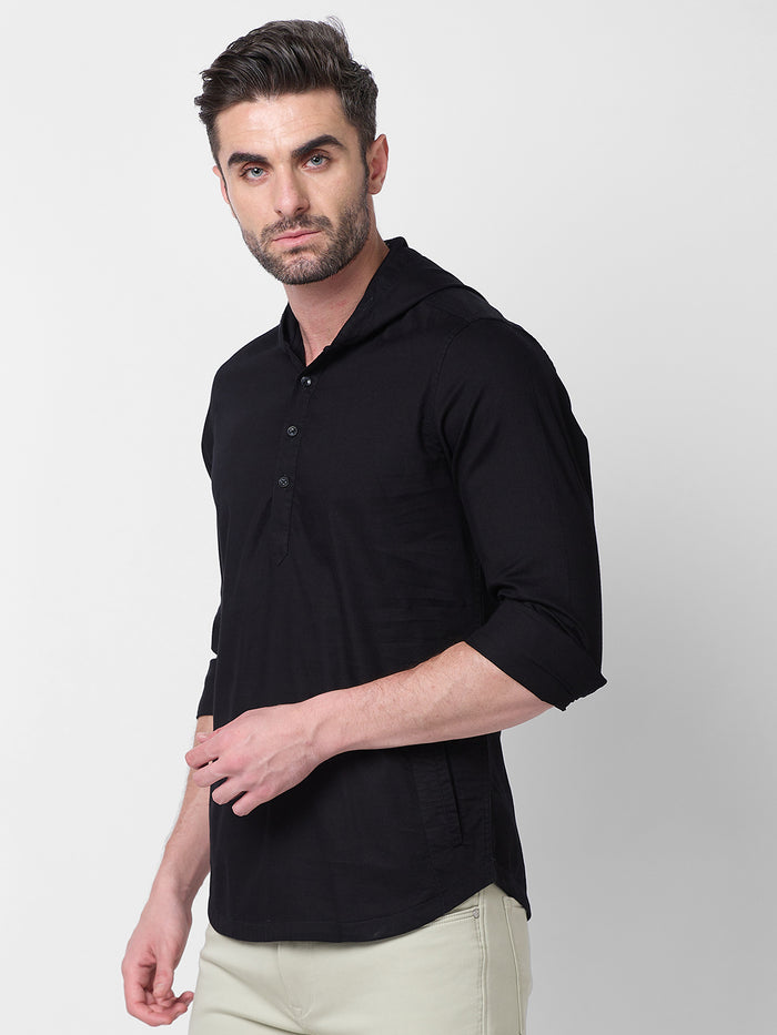 Full sleeves Slim Fit Black Kurta Placket Hoodie Solid Shirt