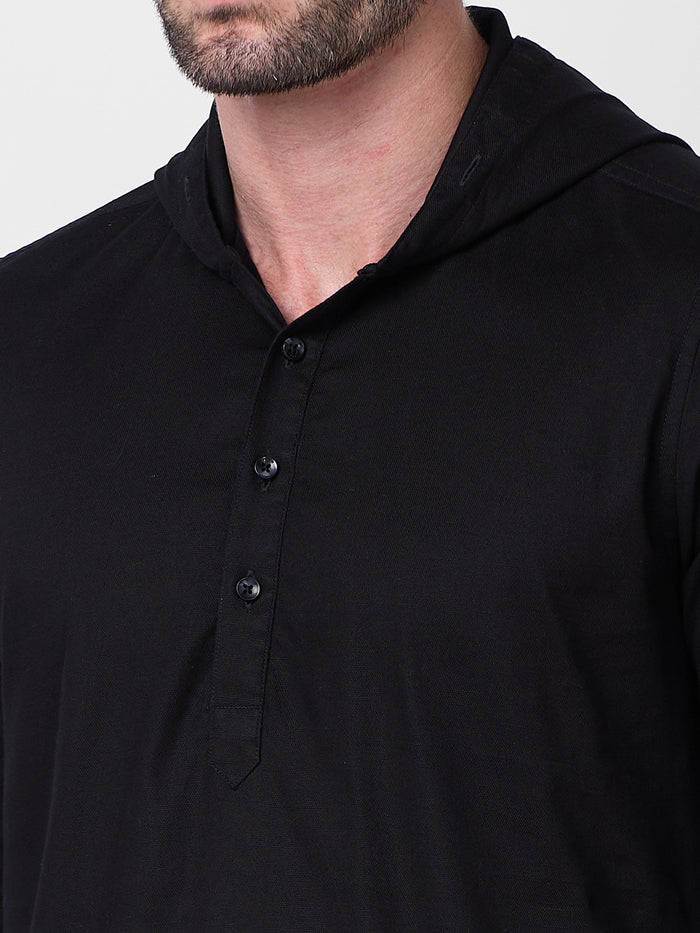 Full sleeves Slim Fit Black Kurta Placket Hoodie Solid Shirt