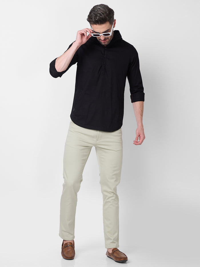 Full sleeves Slim Fit Black Kurta Placket Hoodie Solid Shirt