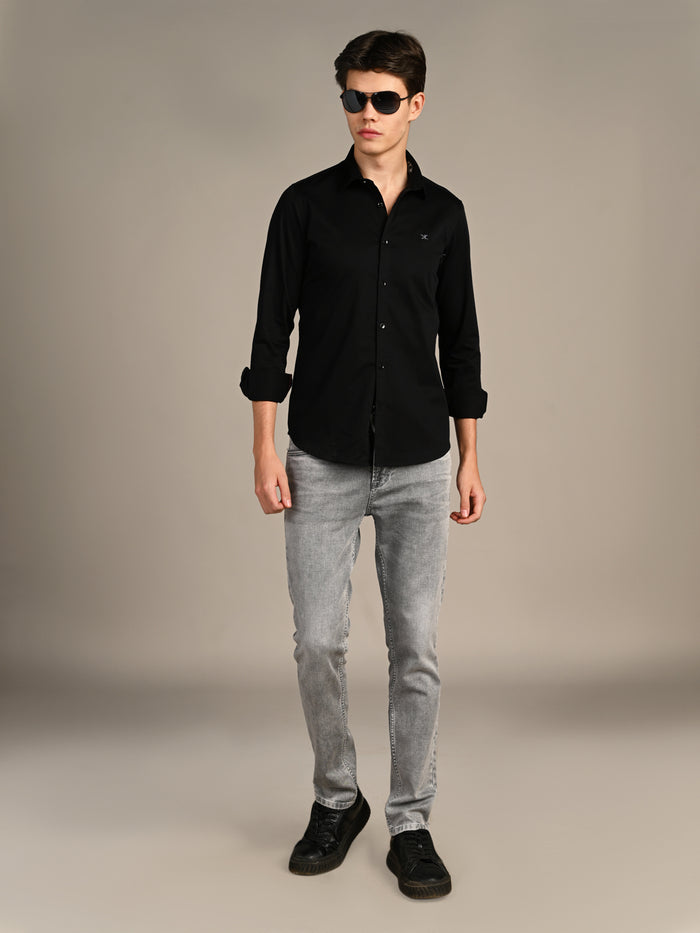Full sleeves Slim Fit Black Premium Satin Solid Shirt