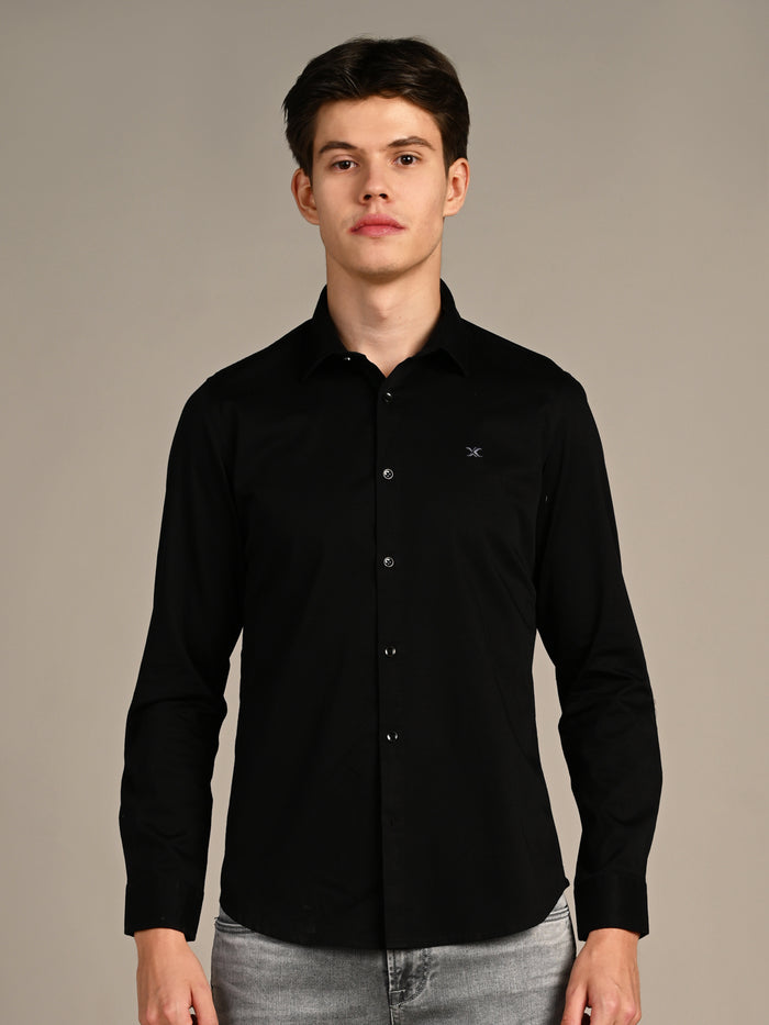 Full sleeves Slim Fit Black Premium Satin Solid Shirt