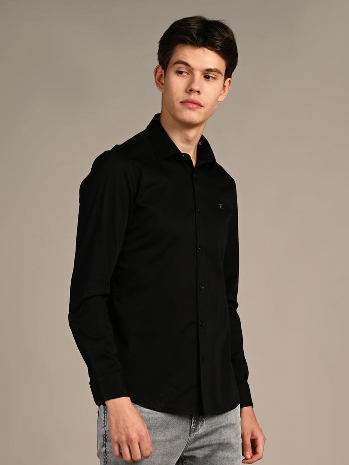 Full sleeves Slim Fit Black Premium Satin Solid Shirt