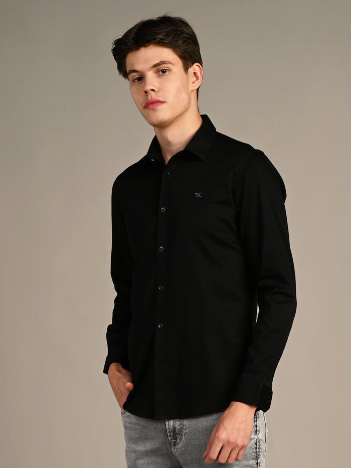 Full sleeves Slim Fit Black Premium Satin Solid Shirt