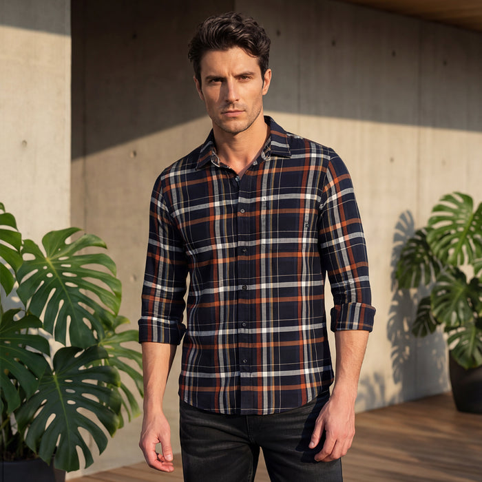 Full Sleeves Slim Fit Black Structure Checks Shirt