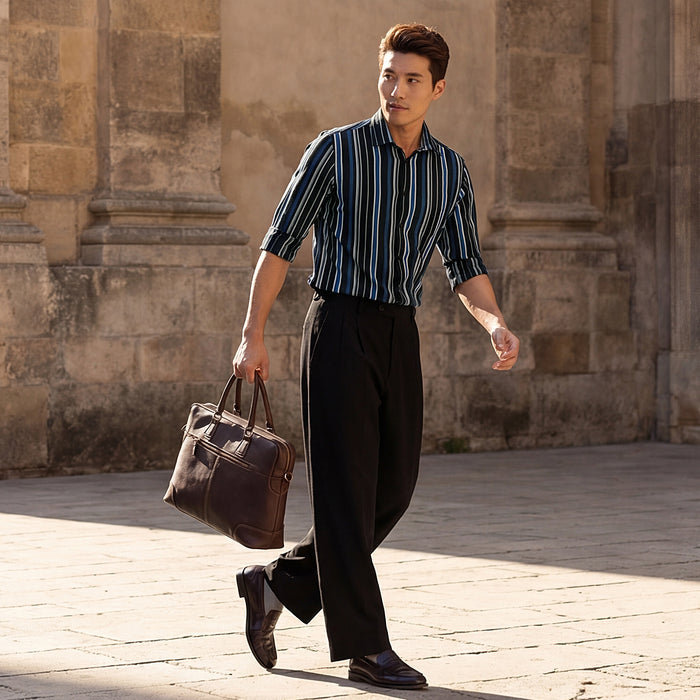 Full sleeves Slim Fit Black Structured Striper Shirt