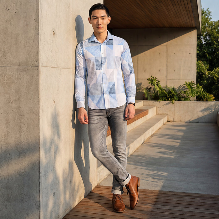 Full Sleeves Slim Fit Blue All-Over Big Abstract Grunge Print Shirt