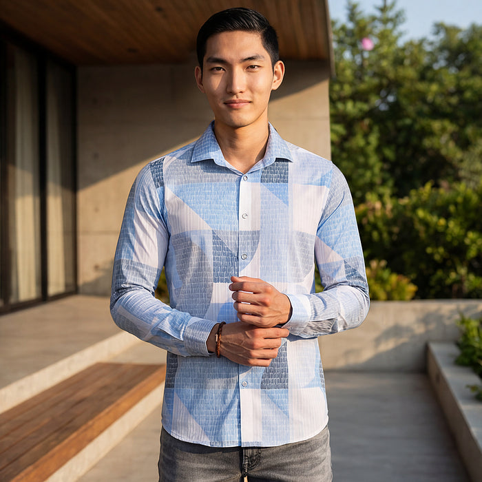Full Sleeves Slim Fit Blue All-Over Big Abstract Grunge Print Shirt