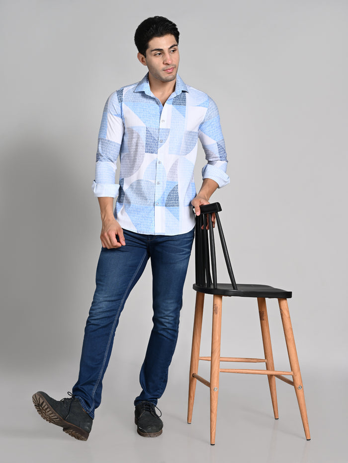Full Sleeves Slim Fit Blue All-Over Big Abstract Grunge Print Shirt