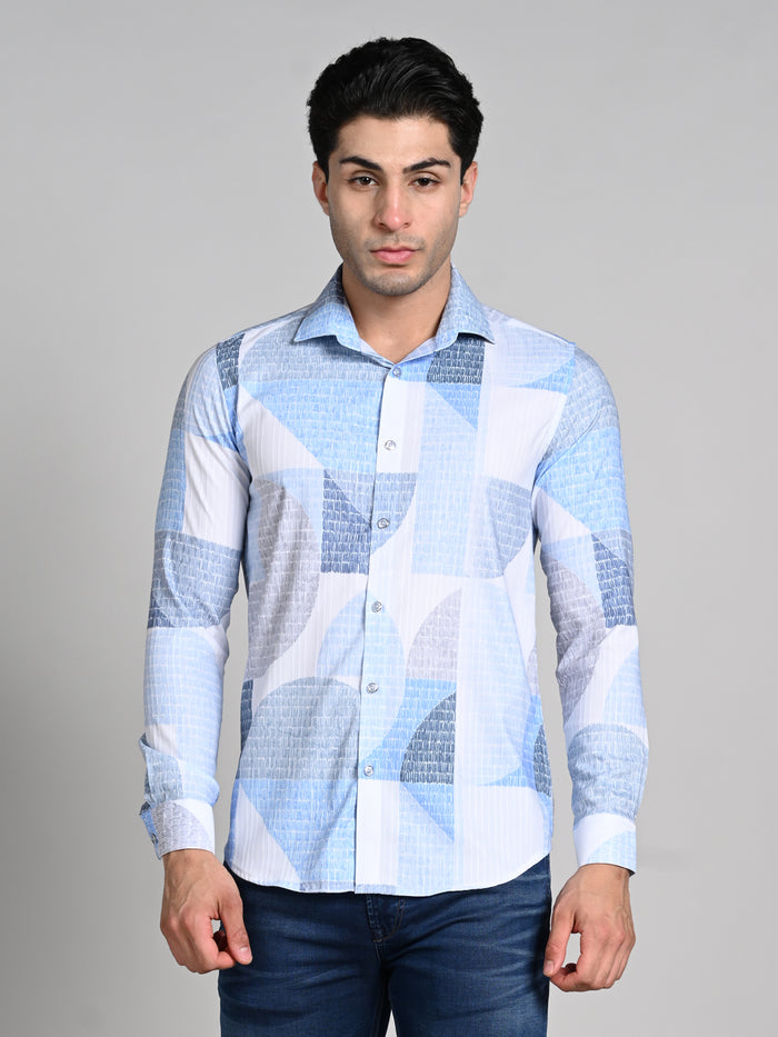 Full Sleeves Slim Fit Blue All-Over Big Abstract Grunge Print Shirt