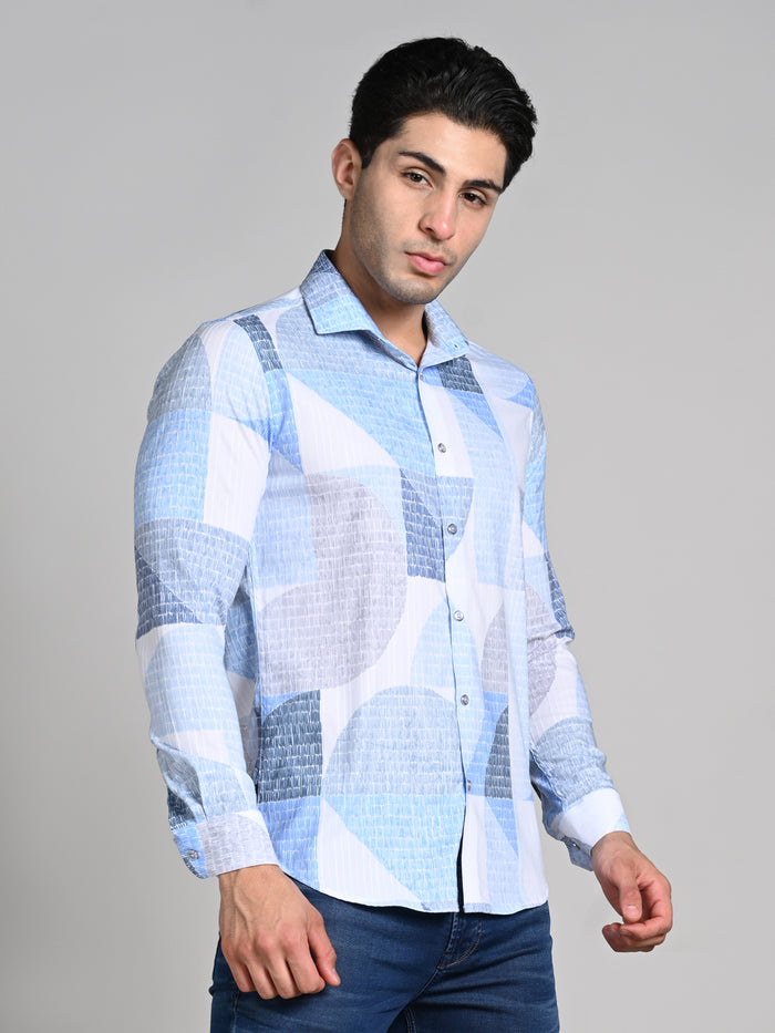 Full Sleeves Slim Fit Blue All-Over Big Abstract Grunge Print Shirt