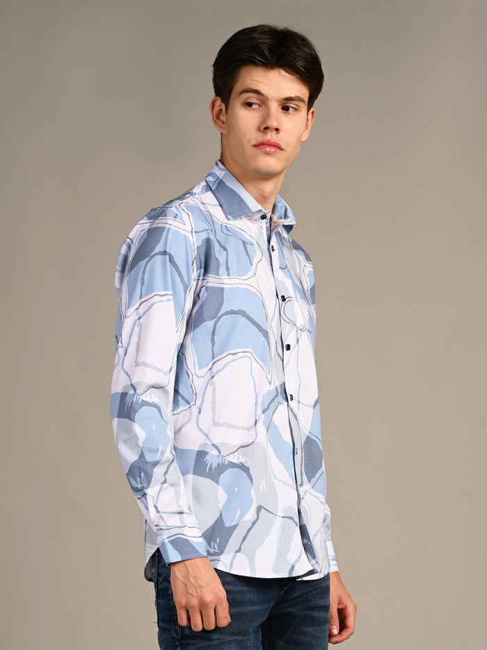 Full Sleeves Slim Fit Blue All-Over Big Abstract Print Shirt