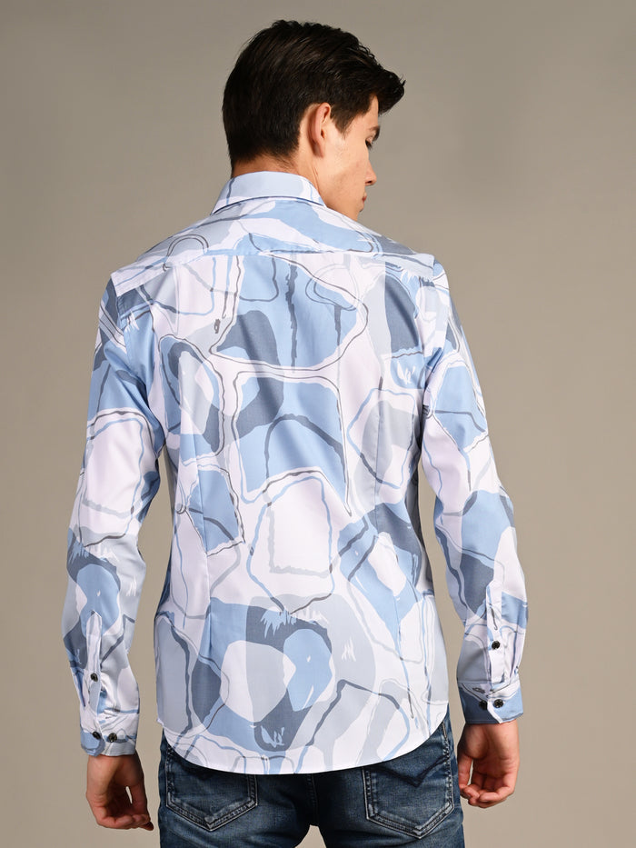 Full Sleeves Slim Fit Blue All-Over Big Abstract Print Shirt