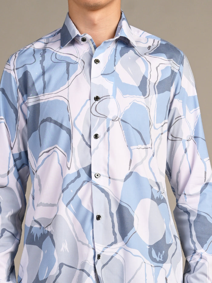 Full Sleeves Slim Fit Blue All-Over Big Abstract Print Shirt