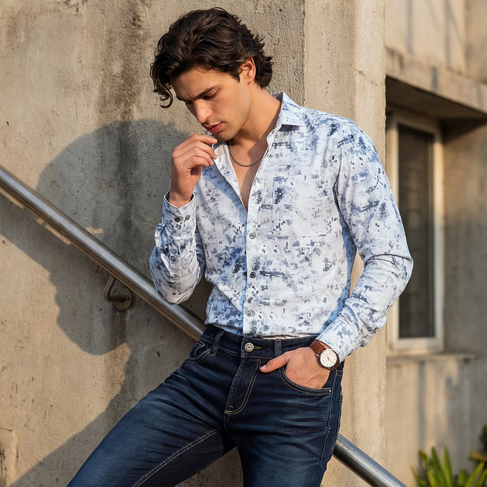 Full Sleeves Slim Fit Blue All Over Digital Camou Print Knit Shirt