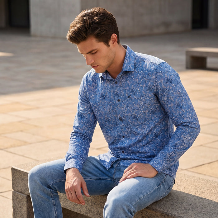 Full sleeves Slim Fit Blue All Over Micro floral Dobby Textured Print Shirt