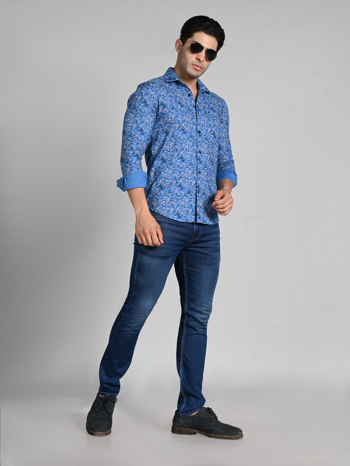Full sleeves Slim Fit Blue All Over Micro floral Dobby Textured Print Shirt