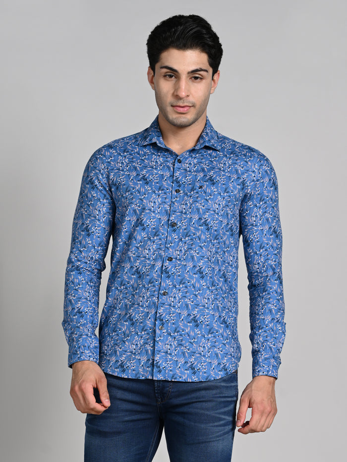 Full sleeves Slim Fit Blue All Over Micro floral Dobby Textured Print Shirt
