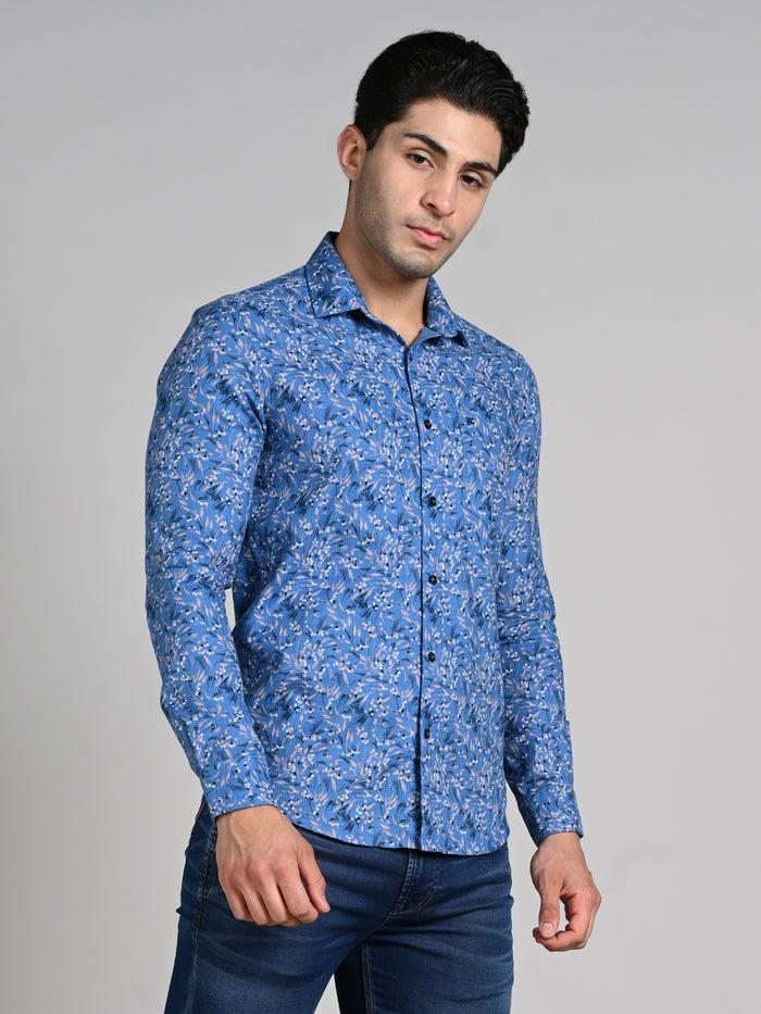 Full sleeves Slim Fit Blue All Over Micro floral Dobby Textured Print Shirt