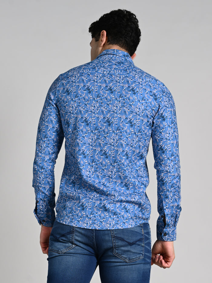 Full sleeves Slim Fit Blue All Over Micro floral Dobby Textured Print Shirt
