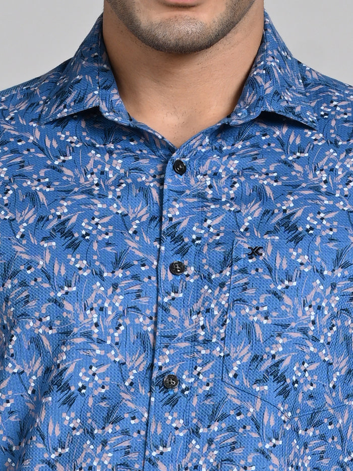 Full sleeves Slim Fit Blue All Over Micro floral Dobby Textured Print Shirt