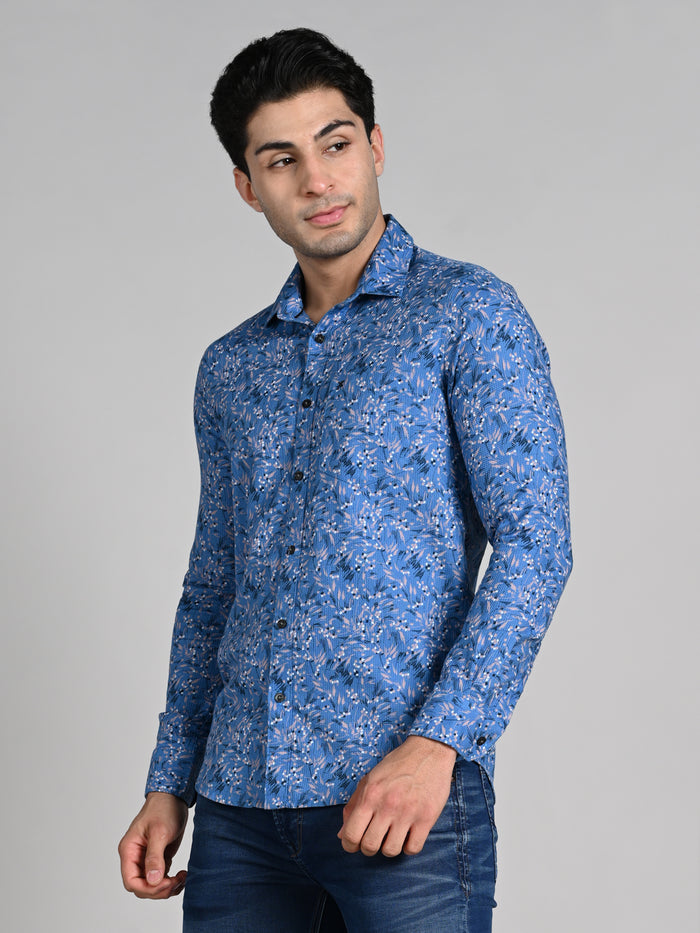 Full sleeves Slim Fit Blue All Over Micro floral Dobby Textured Print Shirt