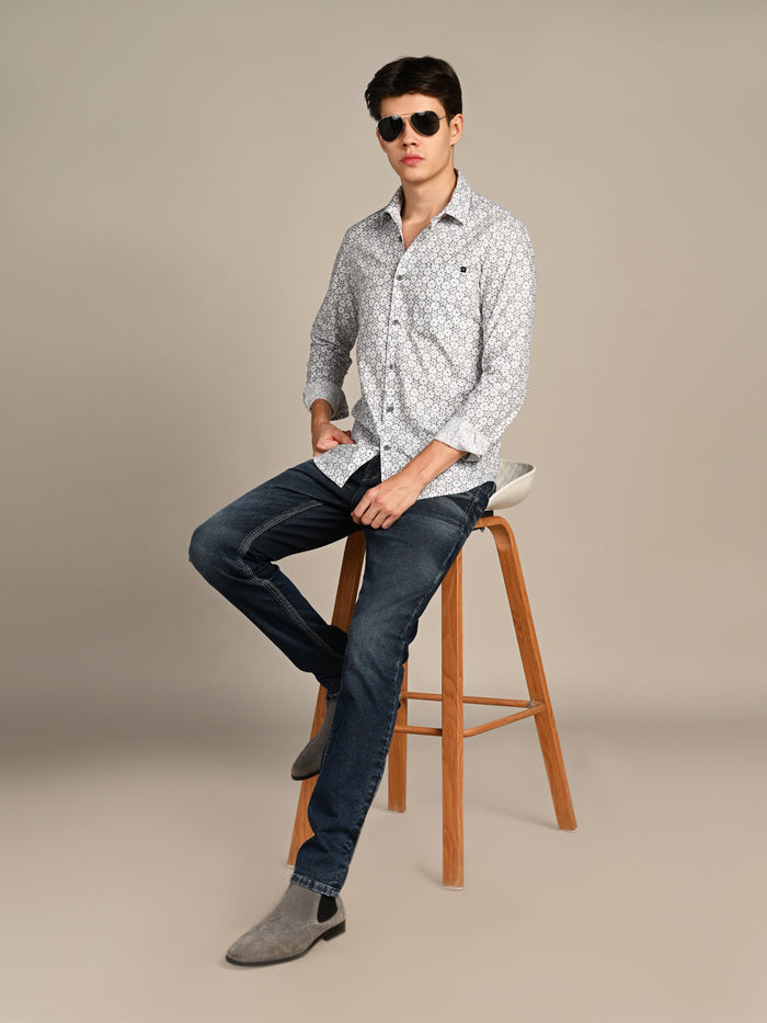Full Sleeves Slim Fit Blue All Over Monogram Floral Satin Solid Shirt