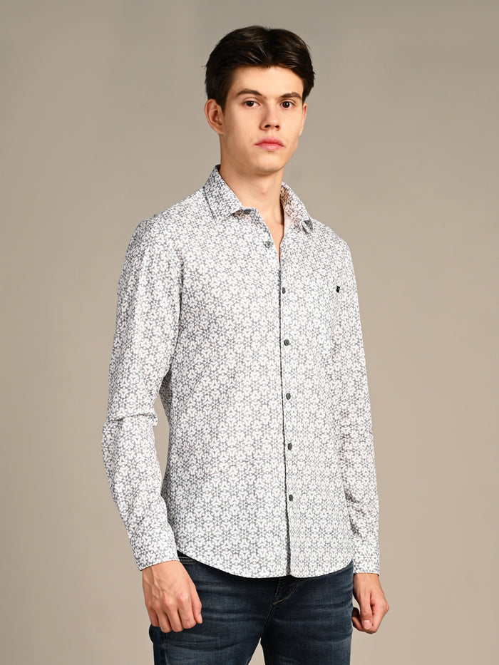 Full Sleeves Slim Fit Blue All Over Monogram Floral Satin Solid Shirt