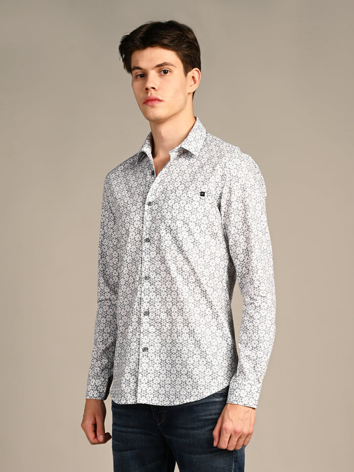 Full Sleeves Slim Fit Blue All Over Monogram Floral Satin Solid Shirt
