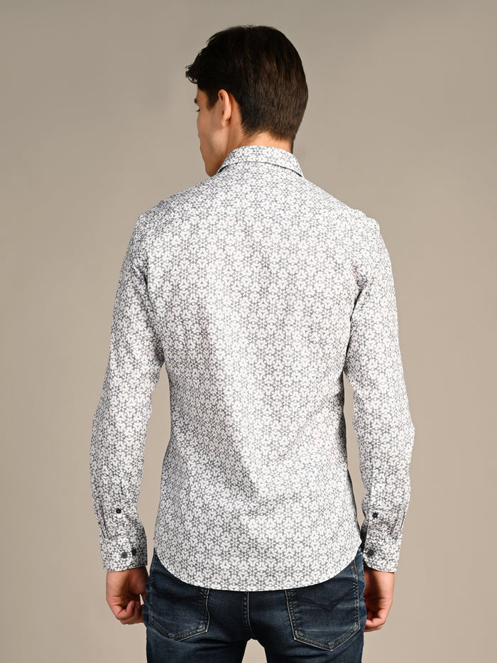 Full Sleeves Slim Fit Blue All Over Monogram Floral Satin Solid Shirt