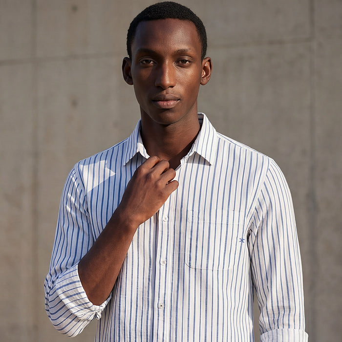 Full sleeves Slim Fit Blue Dobby Structure Printed Stripe Shirt