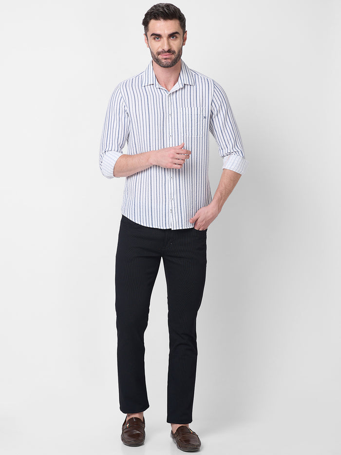 Full sleeves Slim Fit Blue Dobby Structure Printed Stripe Shirt
