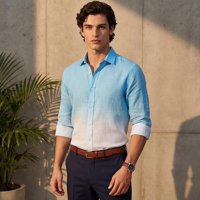 Full sleeves Slim Fit Blue Ombre Slub Print Shirt