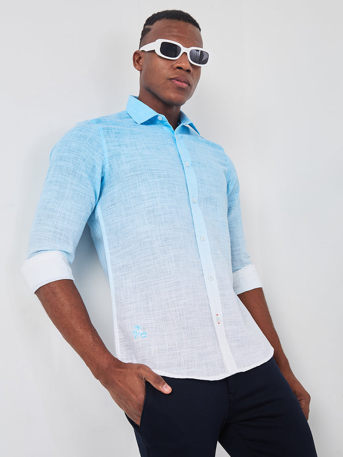 Full sleeves Slim Fit Blue Ombre Slub Print Shirt