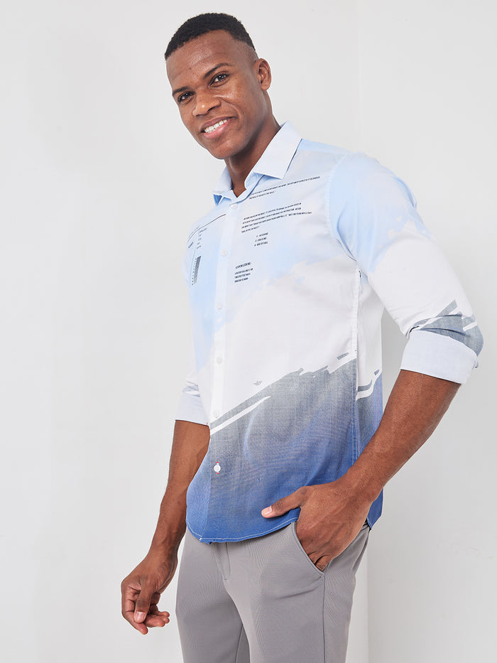Full sleeves Slim Fit Blue Placement Graphic Print Fashion Shirt