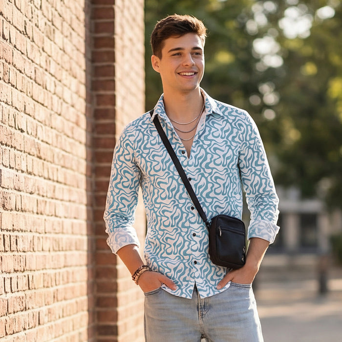 Full Sleeves Slim Fit Blue Squggly Abstract Jacquard Dobby Print Shirt