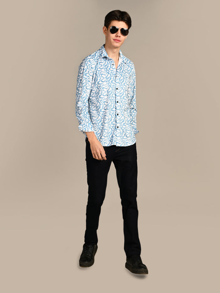 Full Sleeves Slim Fit Blue Squggly Abstract Jacquard Dobby Print Shirt