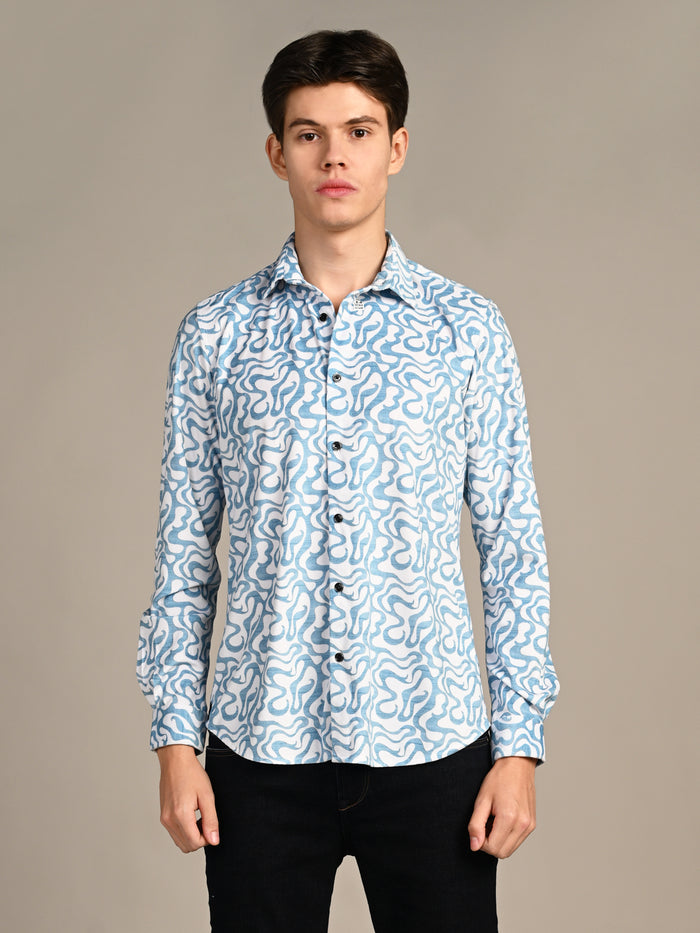 Full Sleeves Slim Fit Blue Squggly Abstract Jacquard Dobby Print Shirt