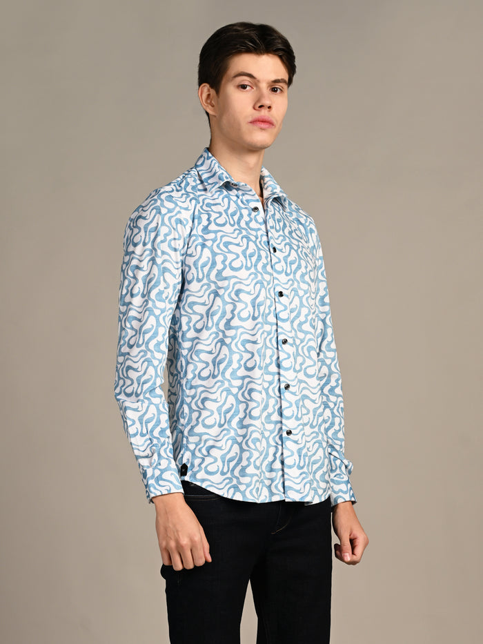 Full Sleeves Slim Fit Blue Squggly Abstract Jacquard Dobby Print Shirt