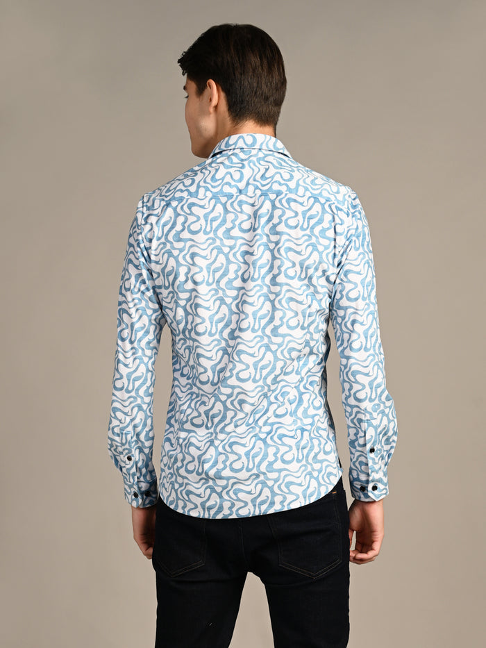 Full Sleeves Slim Fit Blue Squggly Abstract Jacquard Dobby Print Shirt