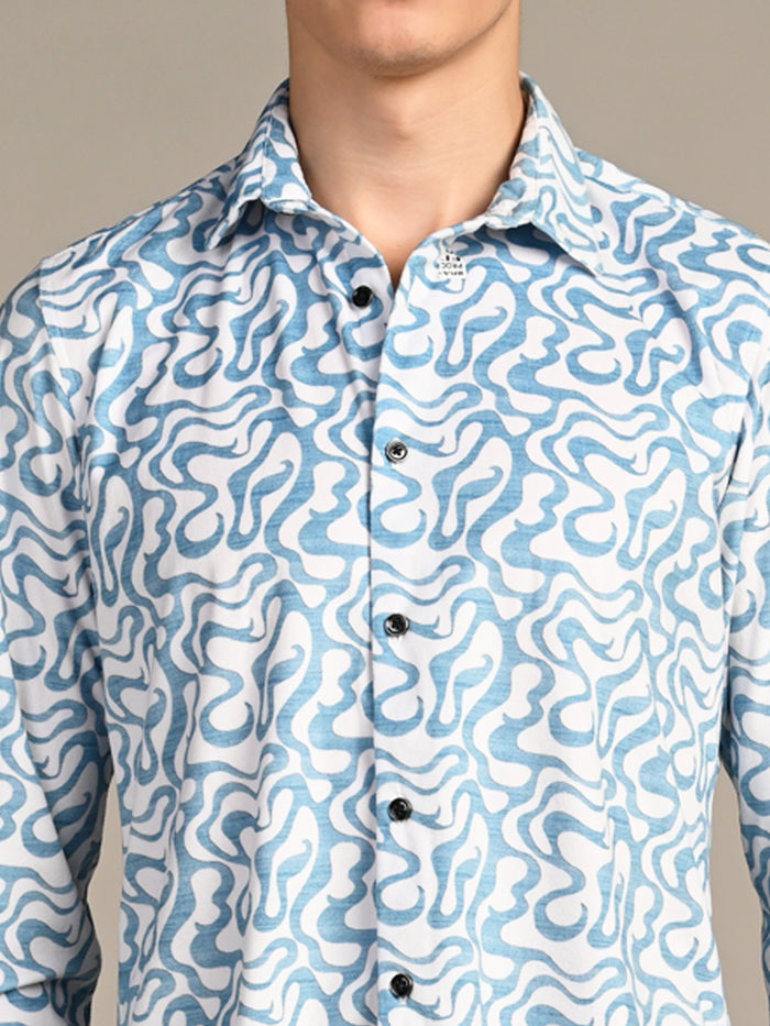 Full Sleeves Slim Fit Blue Squggly Abstract Jacquard Dobby Print Shirt