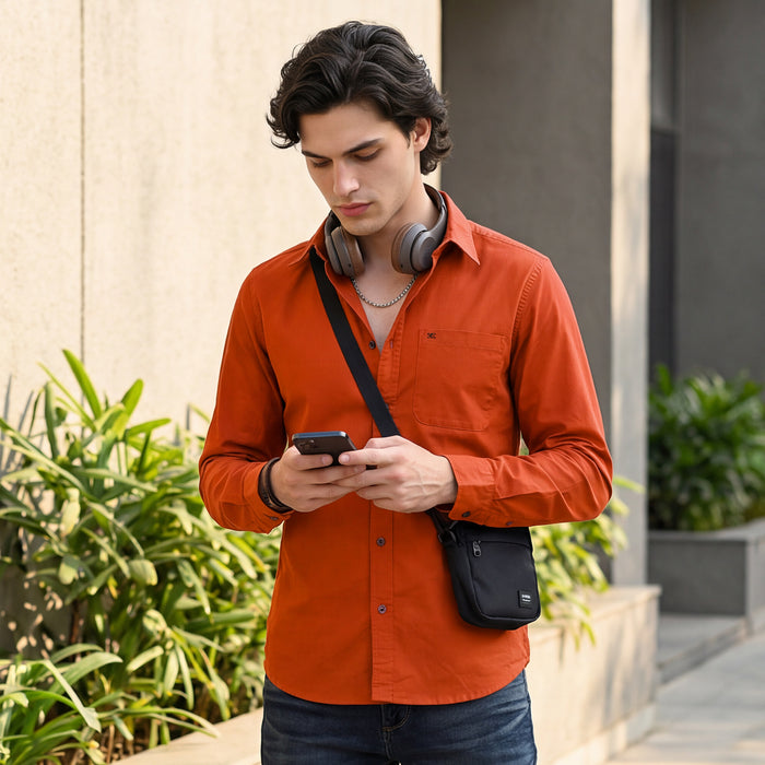 Full Sleeves Slim Fit Brick Red Button-Down Oxford Solid Shirt