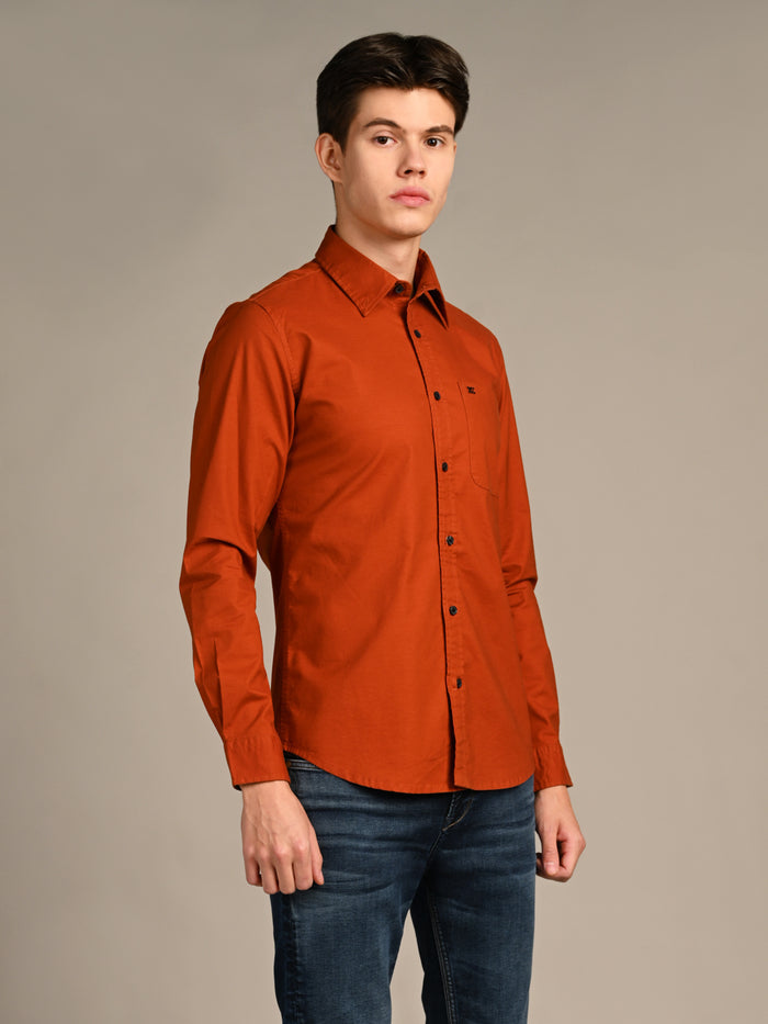 Full Sleeves Slim Fit Brick Red Button-Down Oxford Solid Shirt