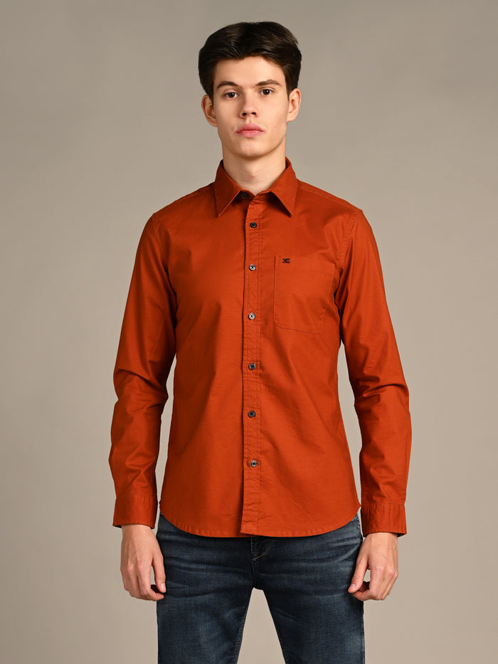 Full Sleeves Slim Fit Brick Red Button-Down Oxford Solid Shirt