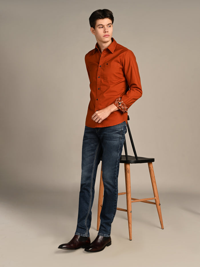 Full Sleeves Slim Fit Brick Red Button-Down Oxford Solid Shirt