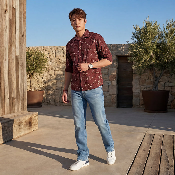 Full Sleeves Slim Fit Brown Abstract Floral Print Shirt