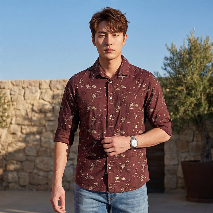 Full Sleeves Slim Fit Brown Abstract Floral Print Shirt