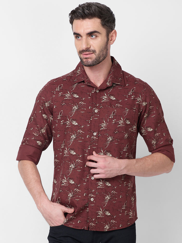 Full Sleeves Slim Fit Brown Abstract Floral Print Shirt