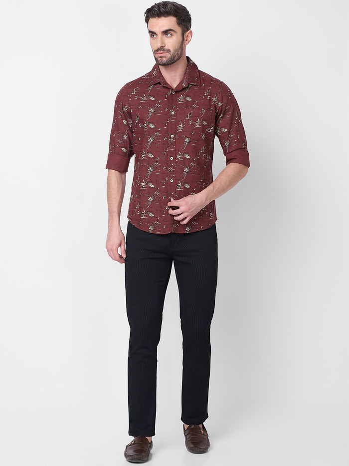 Full Sleeves Slim Fit Brown Abstract Floral Print Shirt