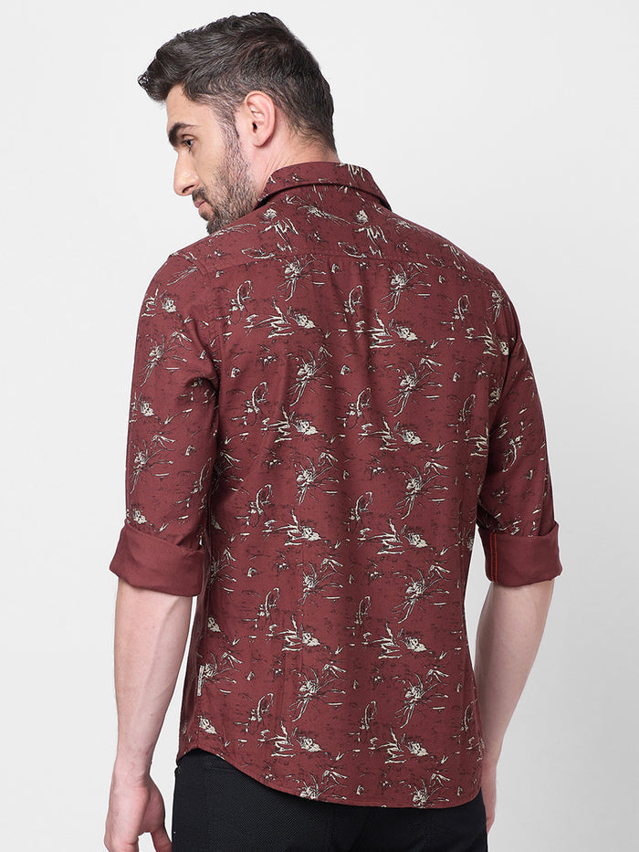 Full Sleeves Slim Fit Brown Abstract Floral Print Shirt